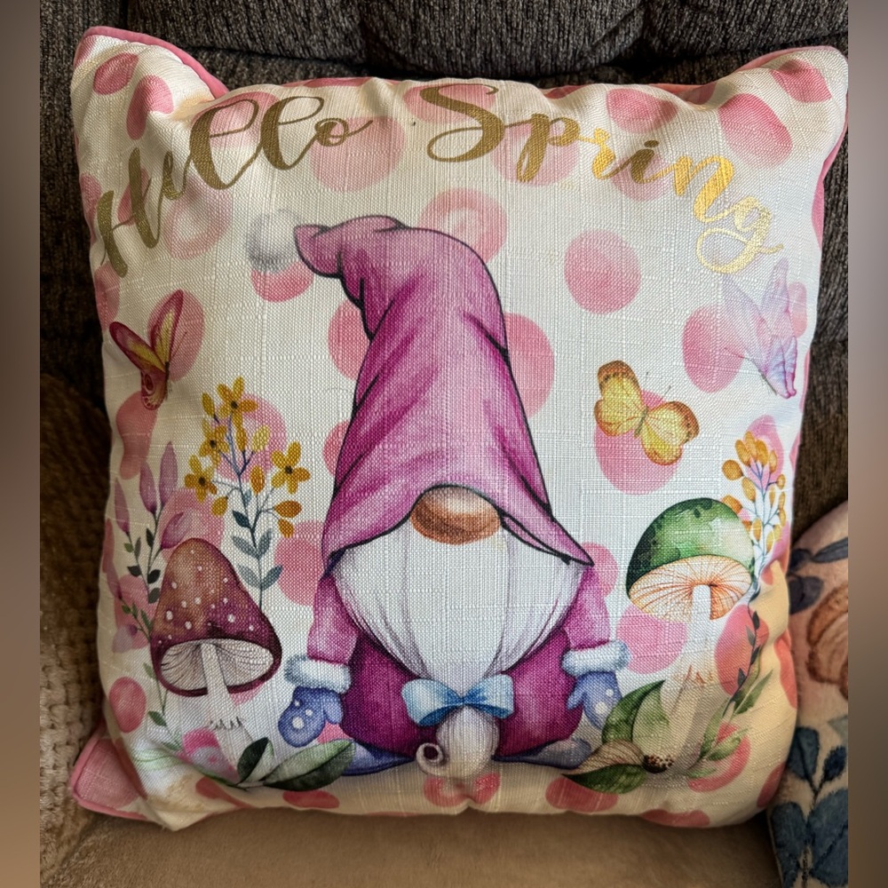 Pink Gnome Decorative Pillow HELLO SPRINGTIME 19” x 19” pink